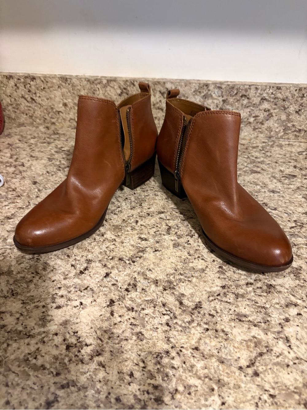 Lucky Brand Cognac Brown Leather Ankle Booties with Side Zip